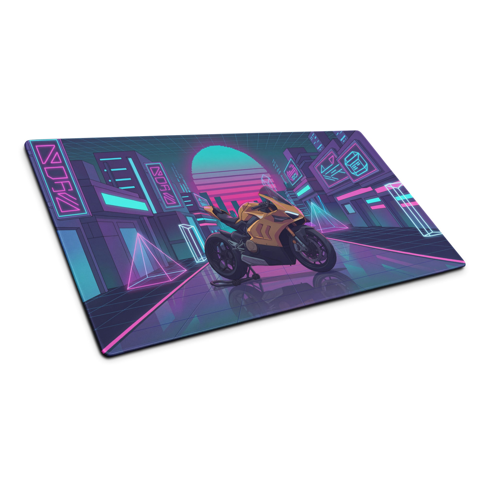 Ducati Panigale V4 Inspired Gold Black Vaporwave Gaming Mouse Pad – Neon Cyber City Desk Mat, Retro Futuristic Synthwave Superbike Digital Art