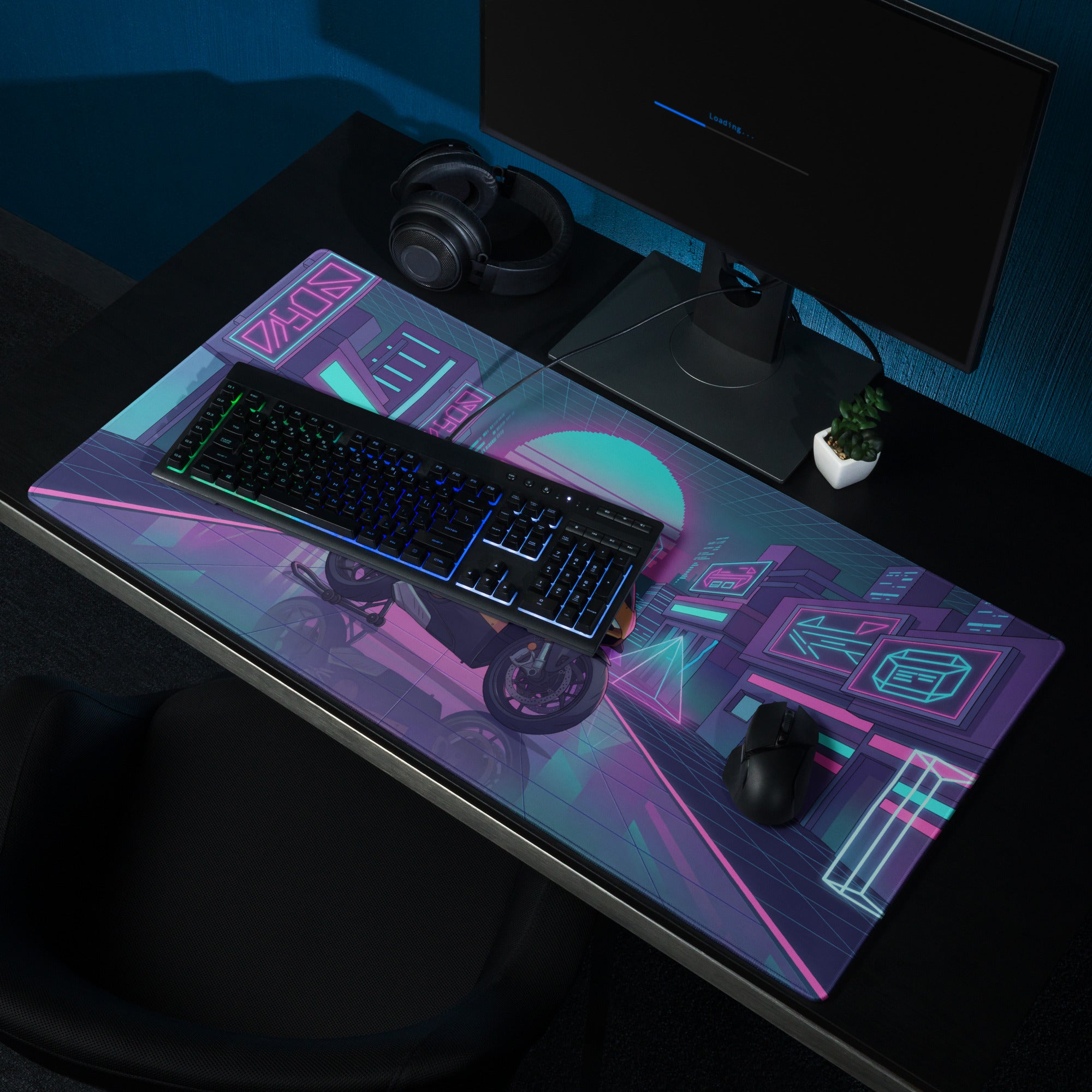 Ducati Panigale V4 Inspired Gold Black Vaporwave Gaming Mouse Pad – Neon Cyber City Desk Mat, Retro Futuristic Synthwave Superbike Digital Art