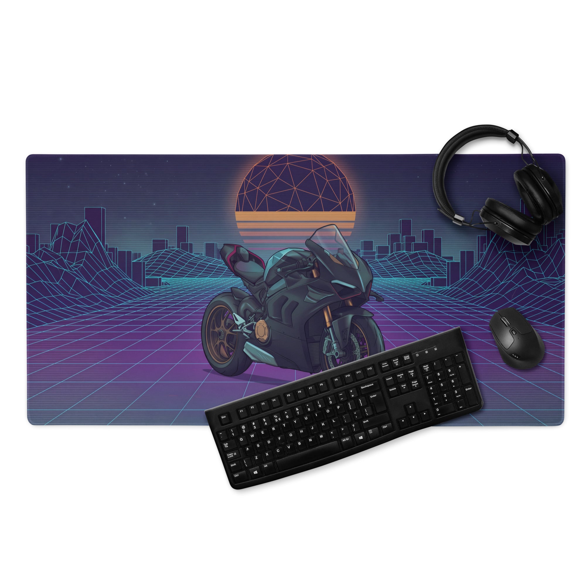 Ducati Panigale V4 Inspired Black Teal Vaporwave Gaming Mouse Pad – Retro Neon Grid Desk Mat, Futuristic Synthwave Motorcycle Digital Art