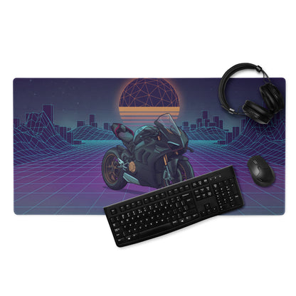 Ducati Panigale V4 Inspired Black Teal Vaporwave Gaming Mouse Pad – Retro Neon Grid Desk Mat, Futuristic Synthwave Motorcycle Digital Art