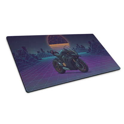 Ducati Panigale V4 Inspired Black Teal Vaporwave Gaming Mouse Pad – Retro Neon Grid Desk Mat, Futuristic Synthwave Motorcycle Digital Art