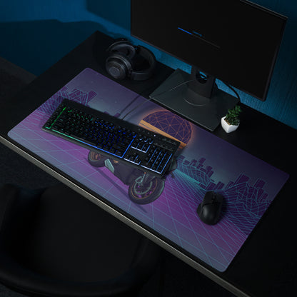 Ducati Panigale V4 Inspired Black Teal Vaporwave Gaming Mouse Pad – Retro Neon Grid Desk Mat, Futuristic Synthwave Motorcycle Digital Art