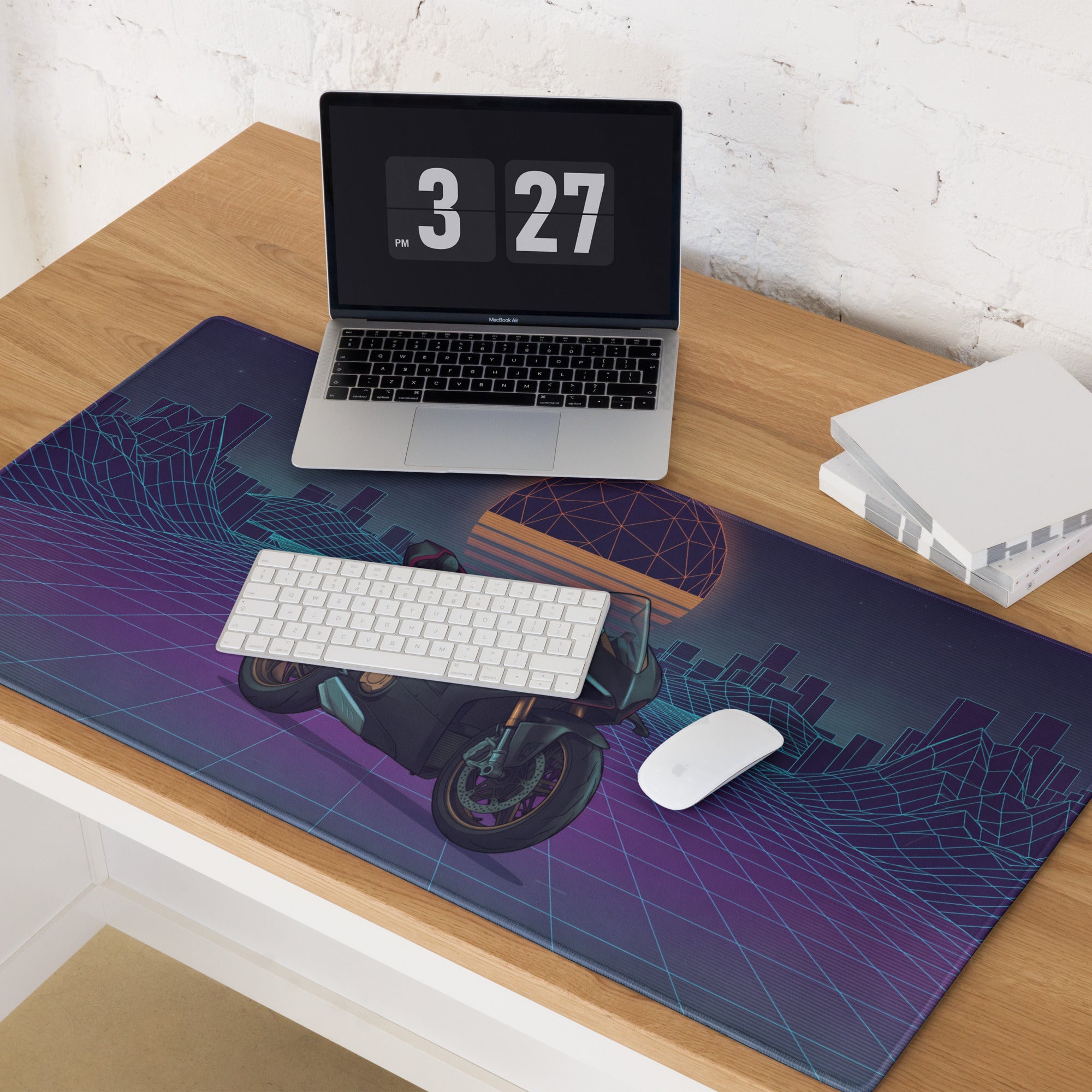 Ducati Panigale V4 Inspired Black Teal Vaporwave Gaming Mouse Pad – Retro Neon Grid Desk Mat, Futuristic Synthwave Motorcycle Digital Art