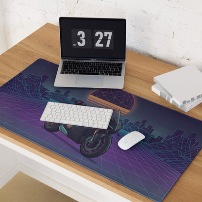Ducati Panigale V4 Inspired Black Teal Vaporwave Gaming Mouse Pad – Retro Neon Grid Desk Mat, Futuristic Synthwave Motorcycle Digital Art