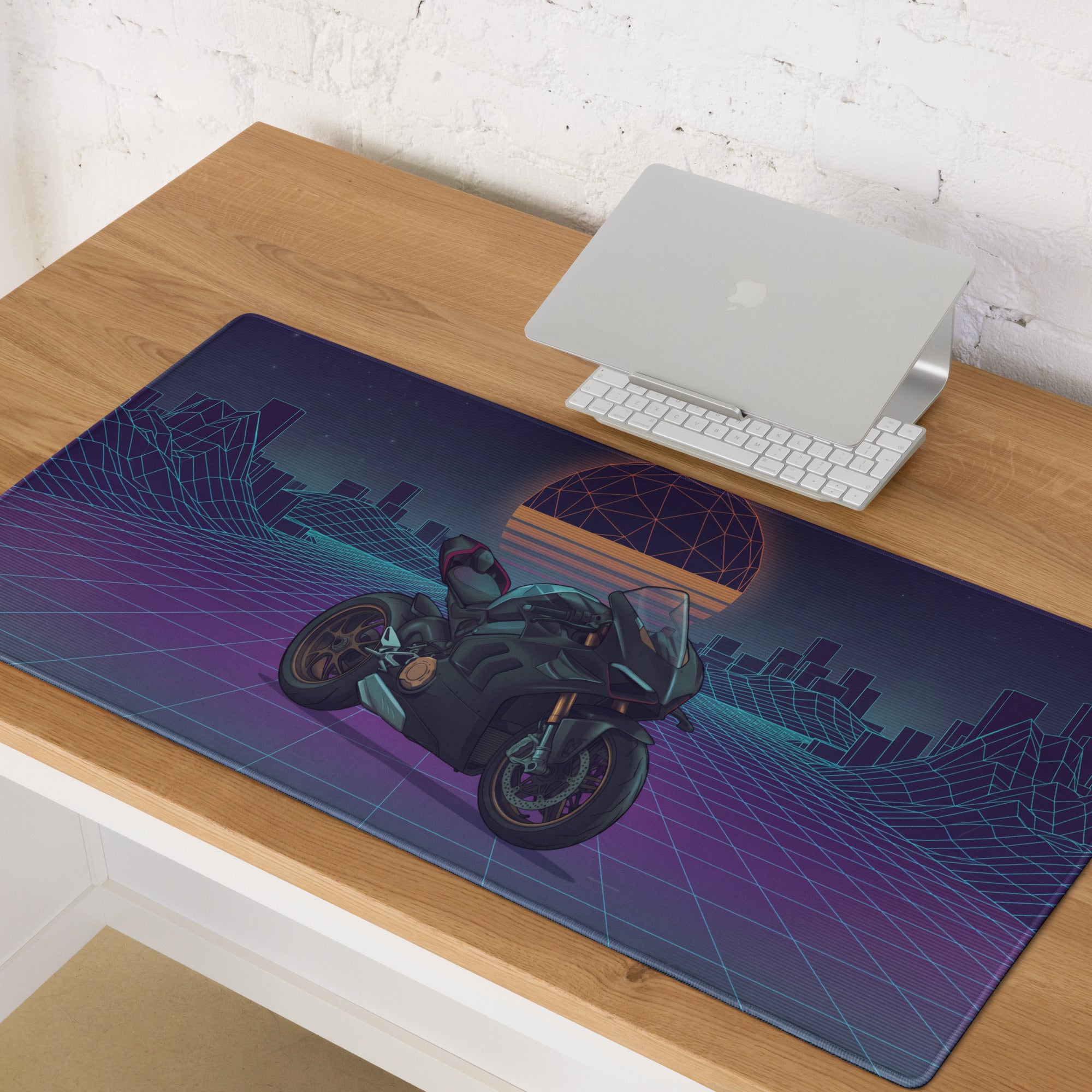 Ducati Panigale V4 Inspired Black Teal Vaporwave Gaming Mouse Pad – Retro Neon Grid Desk Mat, Futuristic Synthwave Motorcycle Digital Art