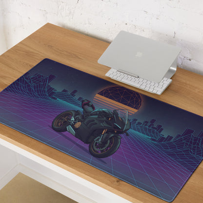 Ducati Panigale V4 Inspired Black Teal Vaporwave Gaming Mouse Pad – Retro Neon Grid Desk Mat, Futuristic Synthwave Motorcycle Digital Art