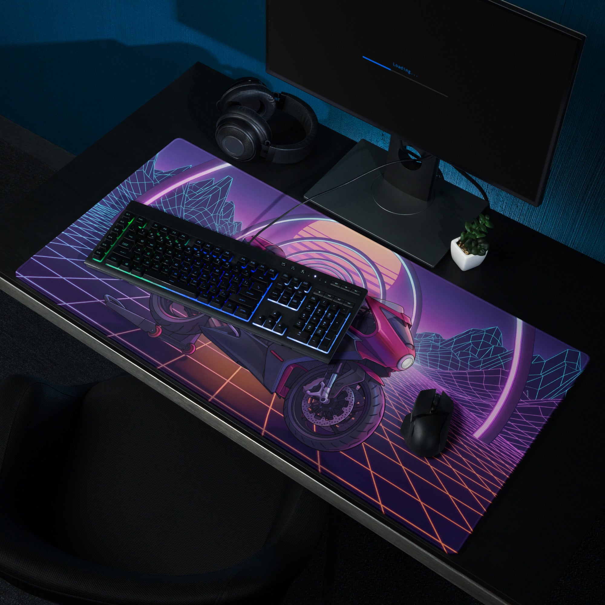 MV Agusta Superveloce Inspired Magenta Vaporwave Gaming Mouse Pad – Neon Grid Desk Mat, Retro Futuristic Synthwave Motorcycle Digital Art