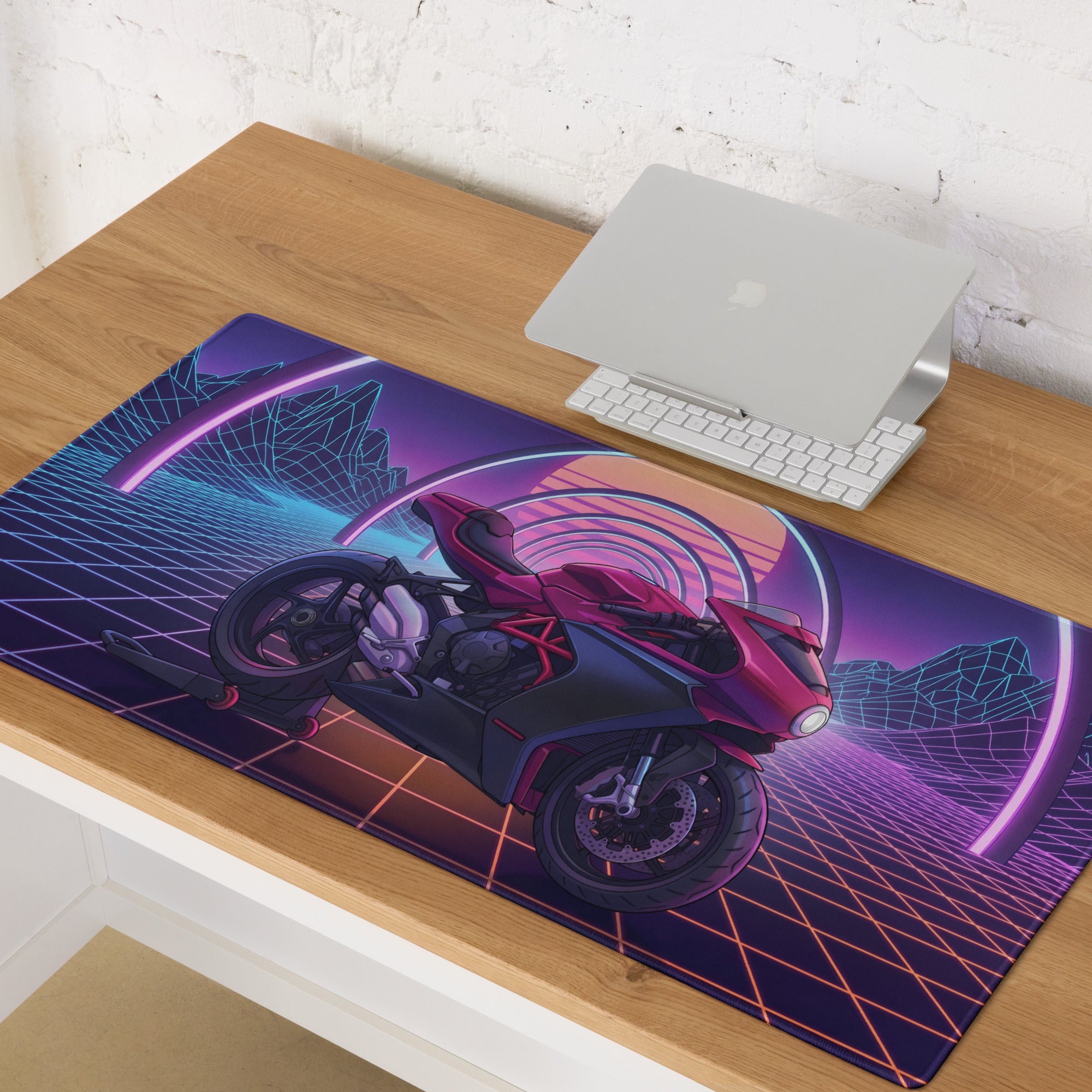 MV Agusta Superveloce Inspired Magenta Vaporwave Gaming Mouse Pad – Neon Grid Desk Mat, Retro Futuristic Synthwave Motorcycle Digital Art