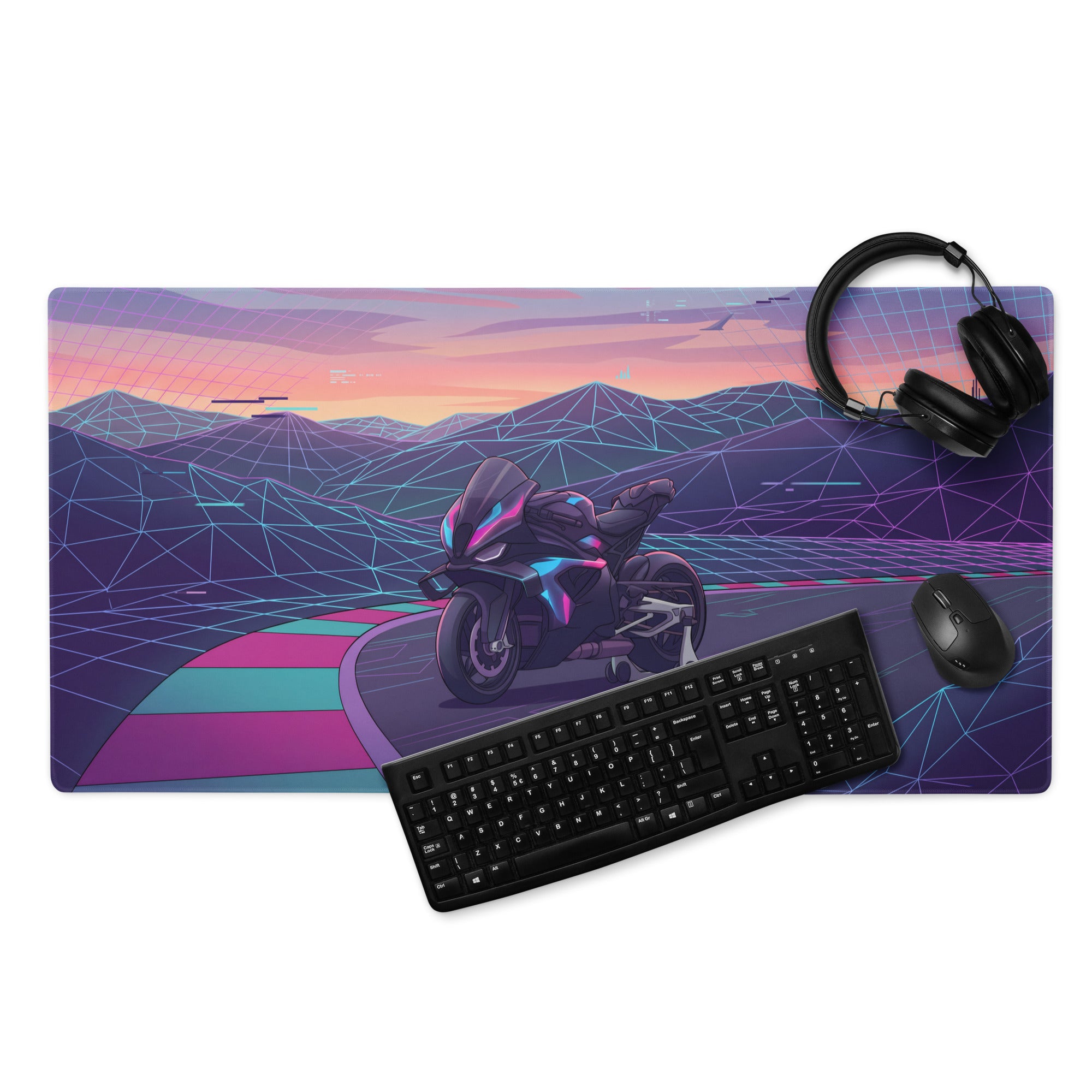 BMW M1000RR Inspired Purple Teal Vaporwave Gaming Mouse Pad – Neon Mountain Raceway Desk Mat, Futuristic Synthwave Motorcycle Digital Art