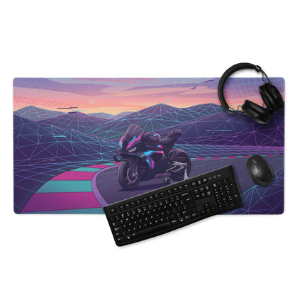 BMW M1000RR Inspired Purple Teal Vaporwave Gaming Mouse Pad – Neon Mountain Raceway Desk Mat, Futuristic Synthwave Motorcycle Digital Art