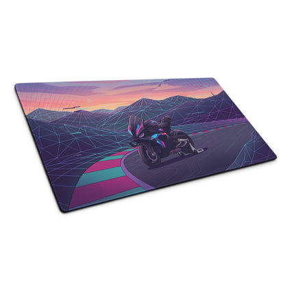 BMW M1000RR Inspired Purple Teal Vaporwave Gaming Mouse Pad – Neon Mountain Raceway Desk Mat, Futuristic Synthwave Motorcycle Digital Art