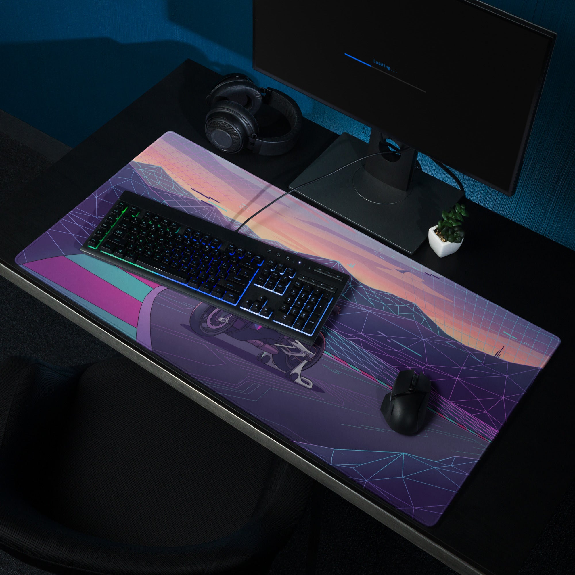 BMW M1000RR Inspired Purple Teal Vaporwave Gaming Mouse Pad – Neon Mountain Raceway Desk Mat, Futuristic Synthwave Motorcycle Digital Art