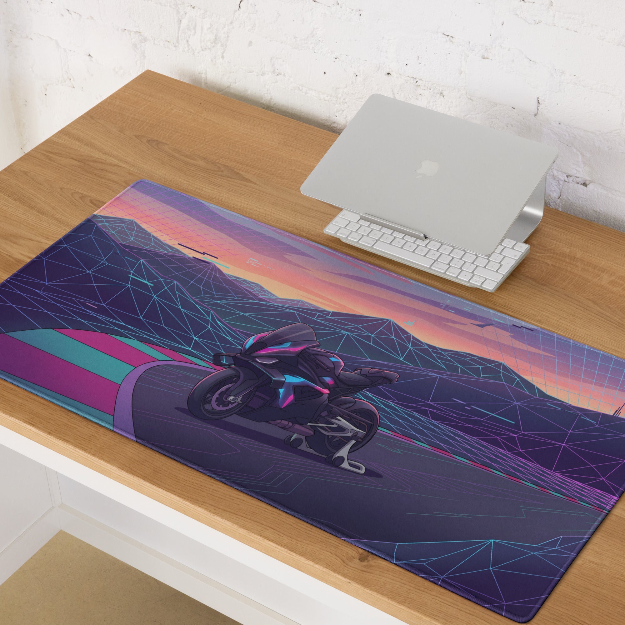 BMW M1000RR Inspired Purple Teal Vaporwave Gaming Mouse Pad – Neon Mountain Raceway Desk Mat, Futuristic Synthwave Motorcycle Digital Art