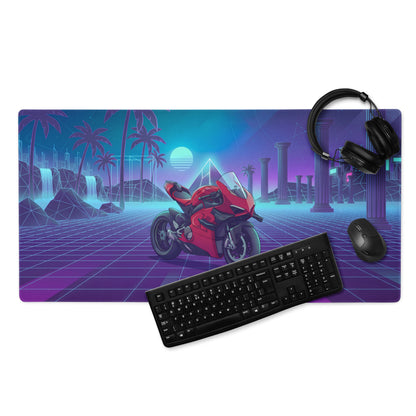 Ducati Superleggera V4 Inspired Red Blue Vaporwave Gaming Mouse Pad – Neon Atlantis Grid Desk Mat, Retro Futuristic Synthwave Motorcycle Digital Art