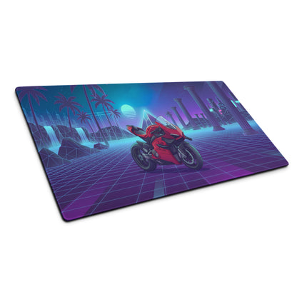 Ducati Superleggera V4 Inspired Red Blue Vaporwave Gaming Mouse Pad – Neon Atlantis Grid Desk Mat, Retro Futuristic Synthwave Motorcycle Digital Art