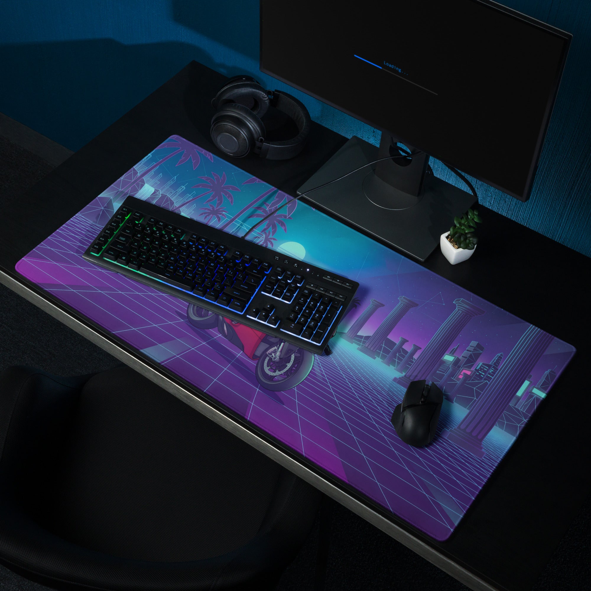Ducati Superleggera V4 Inspired Red Blue Vaporwave Gaming Mouse Pad – Neon Atlantis Grid Desk Mat, Retro Futuristic Synthwave Motorcycle Digital Art