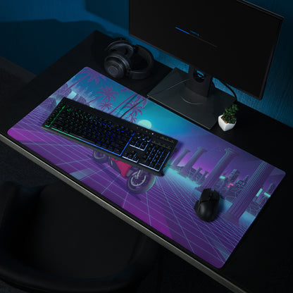 Ducati Superleggera V4 Inspired Red Blue Vaporwave Gaming Mouse Pad – Neon Atlantis Grid Desk Mat, Retro Futuristic Synthwave Motorcycle Digital Art