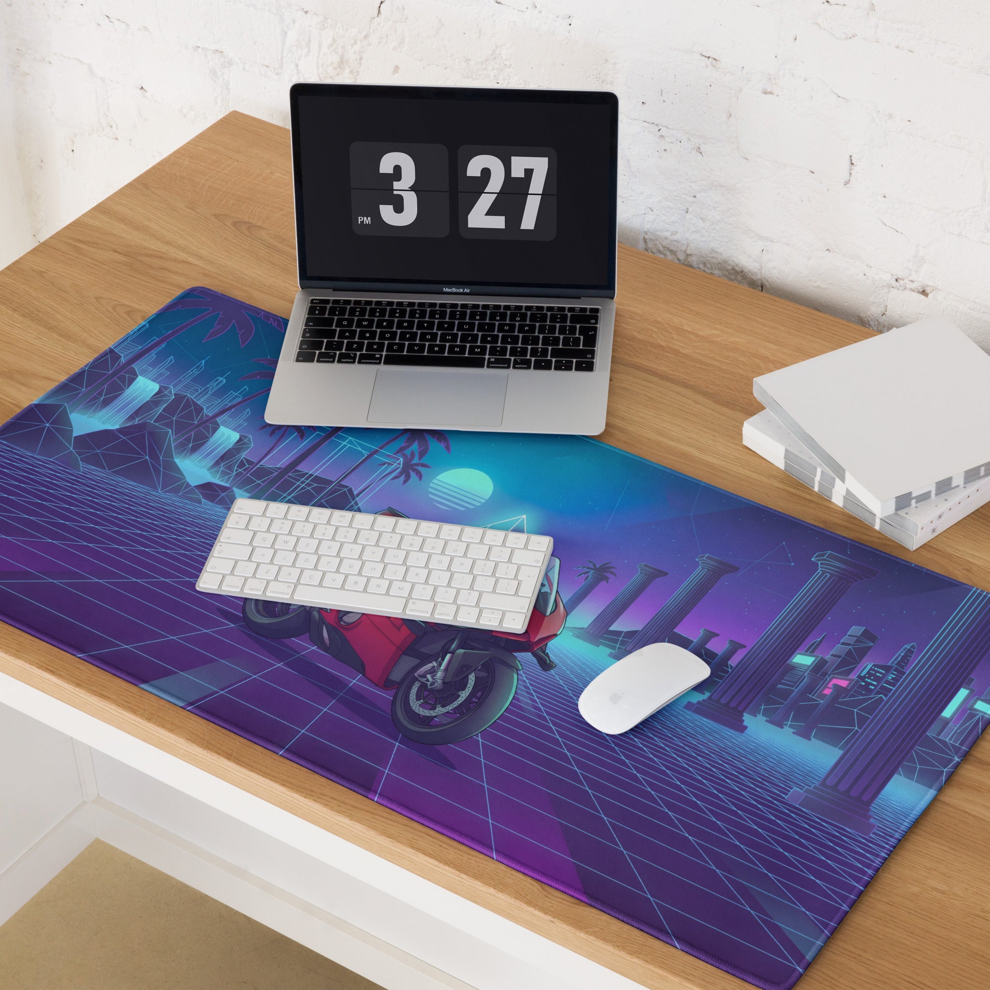 Ducati Superleggera V4 Inspired Red Blue Vaporwave Gaming Mouse Pad – Neon Atlantis Grid Desk Mat, Retro Futuristic Synthwave Motorcycle Digital Art
