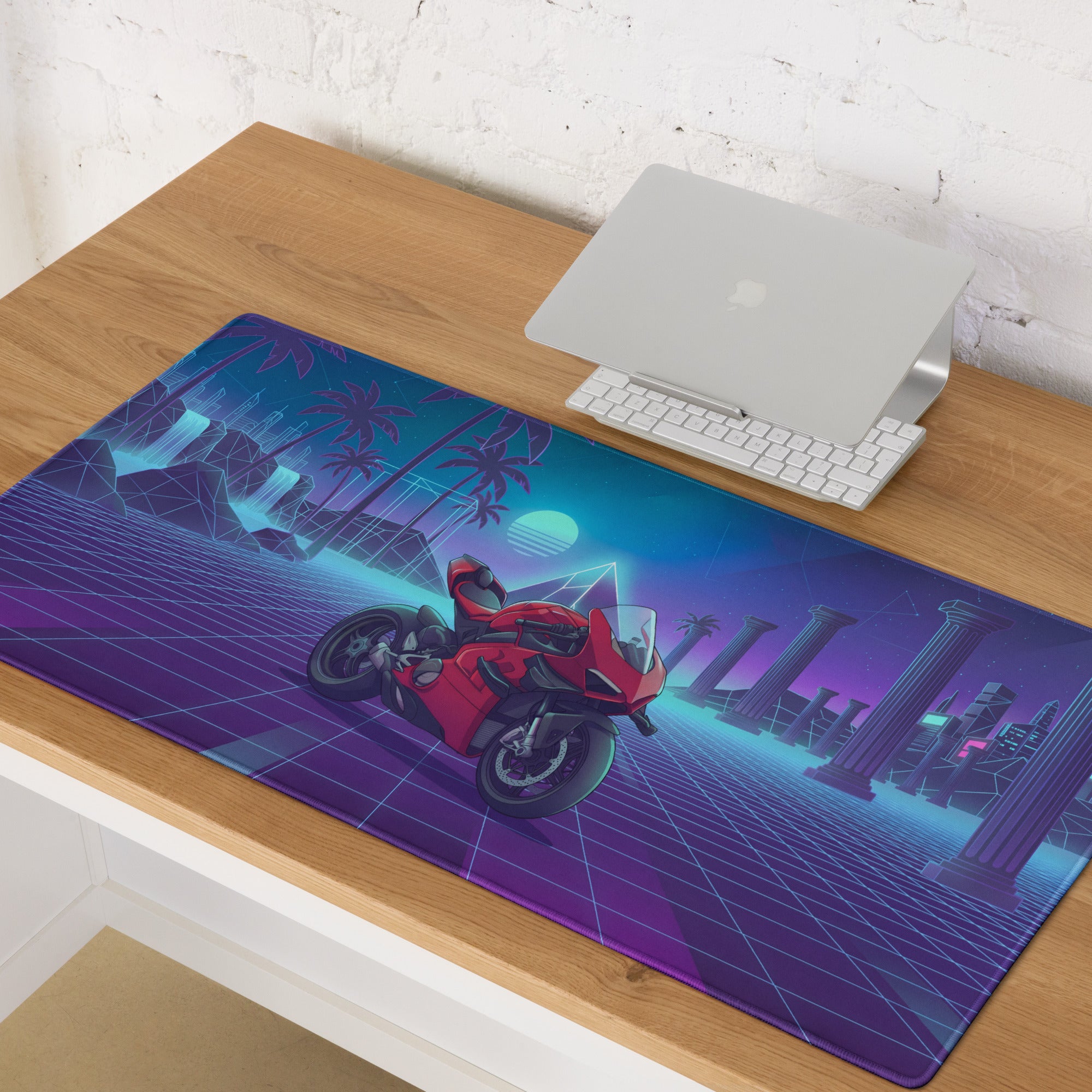 Ducati Superleggera V4 Inspired Red Blue Vaporwave Gaming Mouse Pad – Neon Atlantis Grid Desk Mat, Retro Futuristic Synthwave Motorcycle Digital Art
