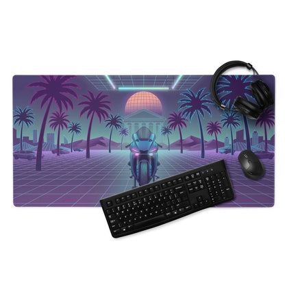 Yamaha YZF-R1 Inspired Blue Purple Vaporwave Gaming Mouse Pad – Neon Palm Grid Desk Mat, Retro Futuristic Synthwave Motorcycle Digital Art
