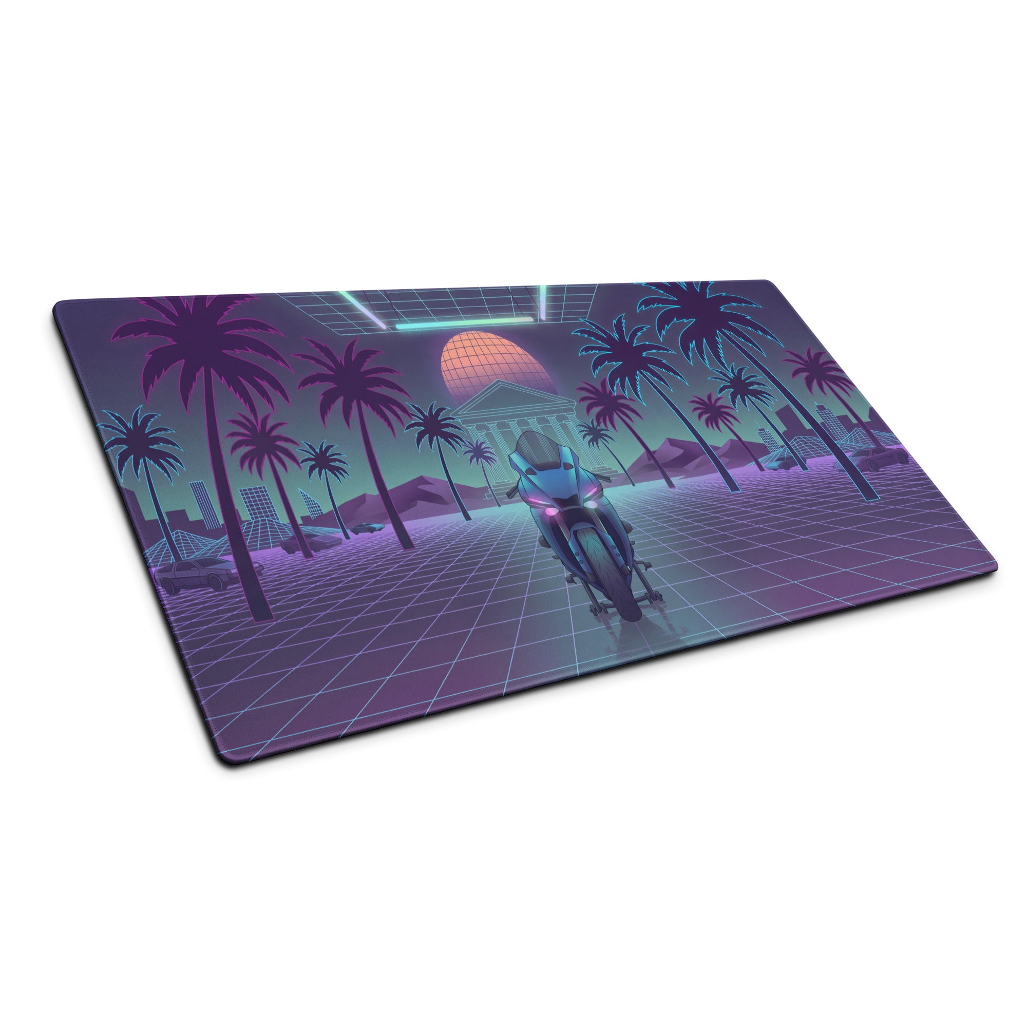 Yamaha YZF-R1 Inspired Blue Purple Vaporwave Gaming Mouse Pad – Neon Palm Grid Desk Mat, Retro Futuristic Synthwave Motorcycle Digital Art