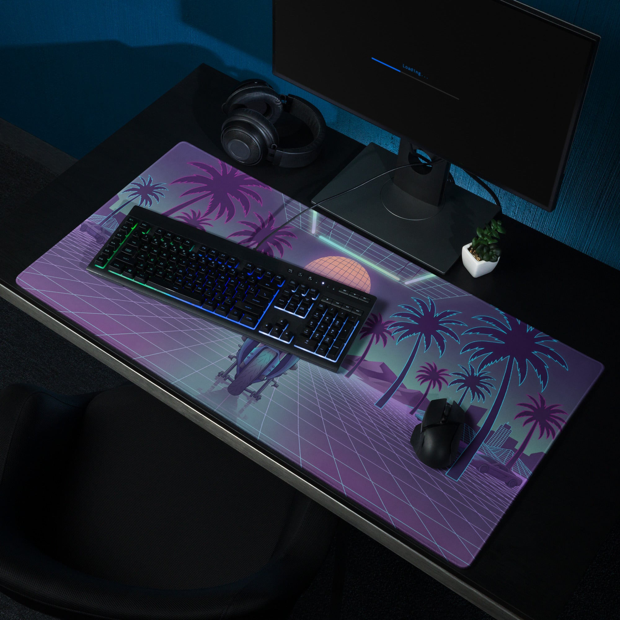Yamaha YZF-R1 Inspired Blue Purple Vaporwave Gaming Mouse Pad – Neon Palm Grid Desk Mat, Retro Futuristic Synthwave Motorcycle Digital Art