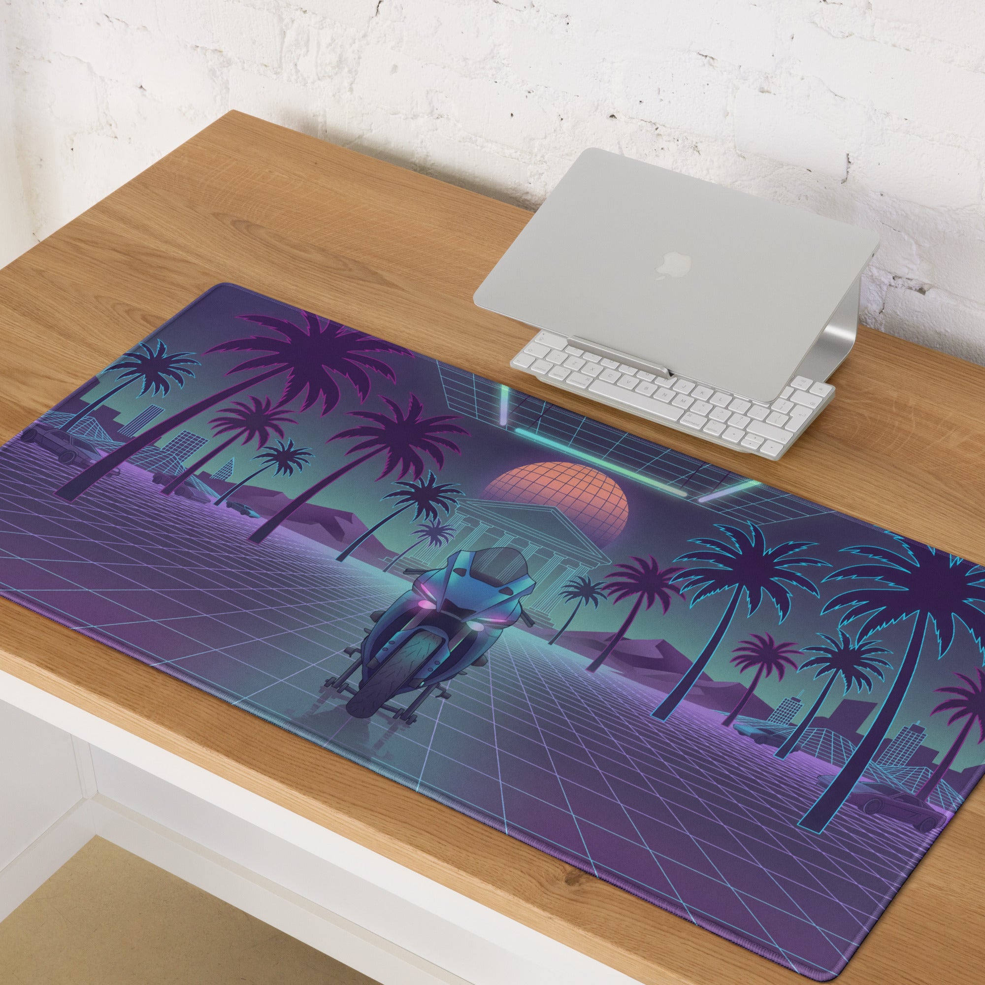 Yamaha YZF-R1 Inspired Blue Purple Vaporwave Gaming Mouse Pad – Neon Palm Grid Desk Mat, Retro Futuristic Synthwave Motorcycle Digital Art