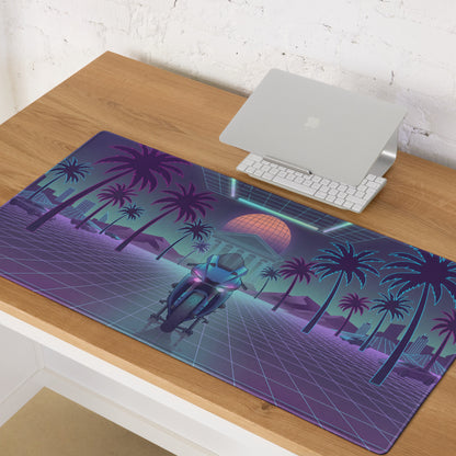 Yamaha YZF-R1 Inspired Blue Purple Vaporwave Gaming Mouse Pad – Neon Palm Grid Desk Mat, Retro Futuristic Synthwave Motorcycle Digital Art