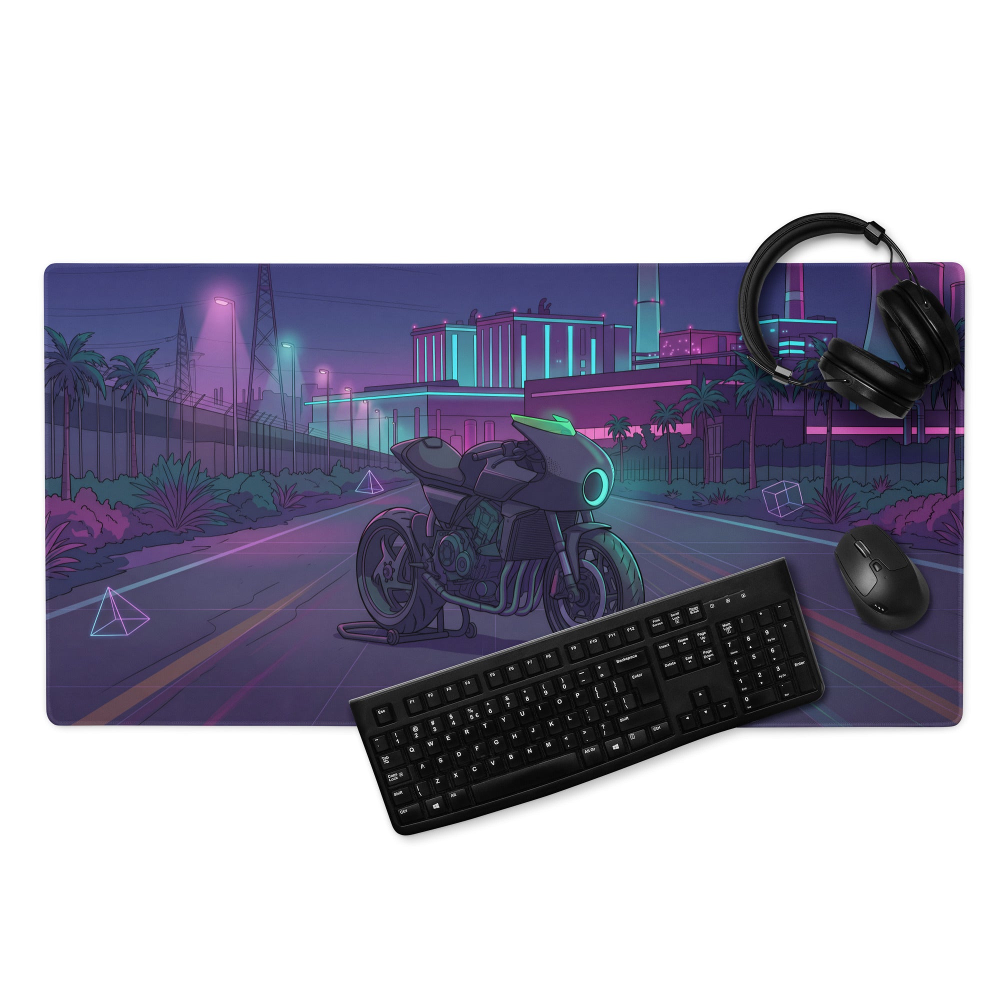 Honda CBX1000 Inspired Black Teal Vaporwave Gaming Mouse Pad – Neon Industrial City Desk Mat, Retro Futuristic Café Racer Motorcycle Digital Art