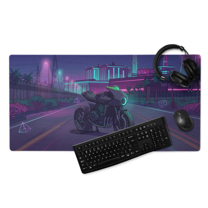 Honda CBX1000 Inspired Black Teal Vaporwave Gaming Mouse Pad – Neon Industrial City Desk Mat, Retro Futuristic Café Racer Motorcycle Digital Art