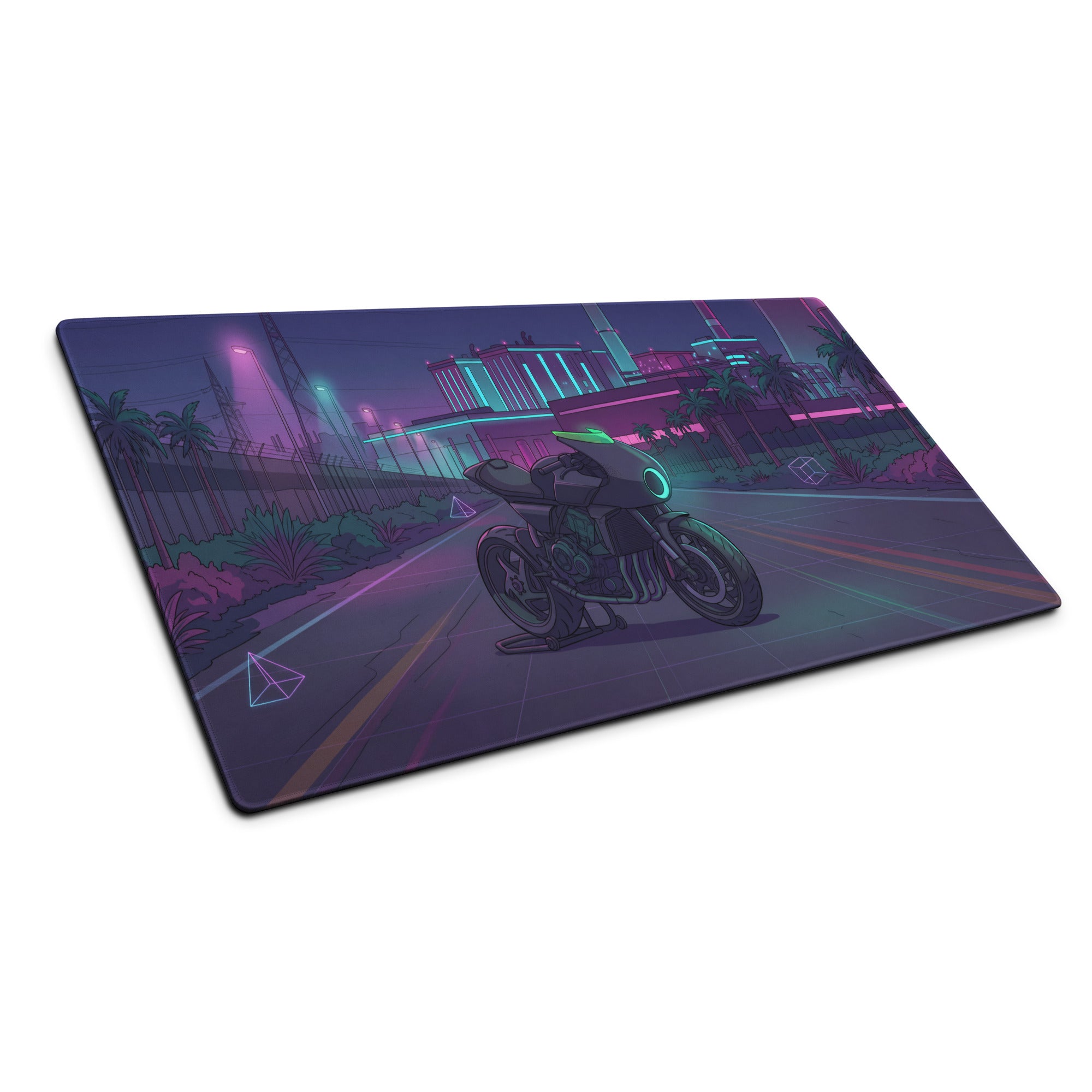 Honda CBX1000 Inspired Black Teal Vaporwave Gaming Mouse Pad – Neon Industrial City Desk Mat, Retro Futuristic Café Racer Motorcycle Digital Art