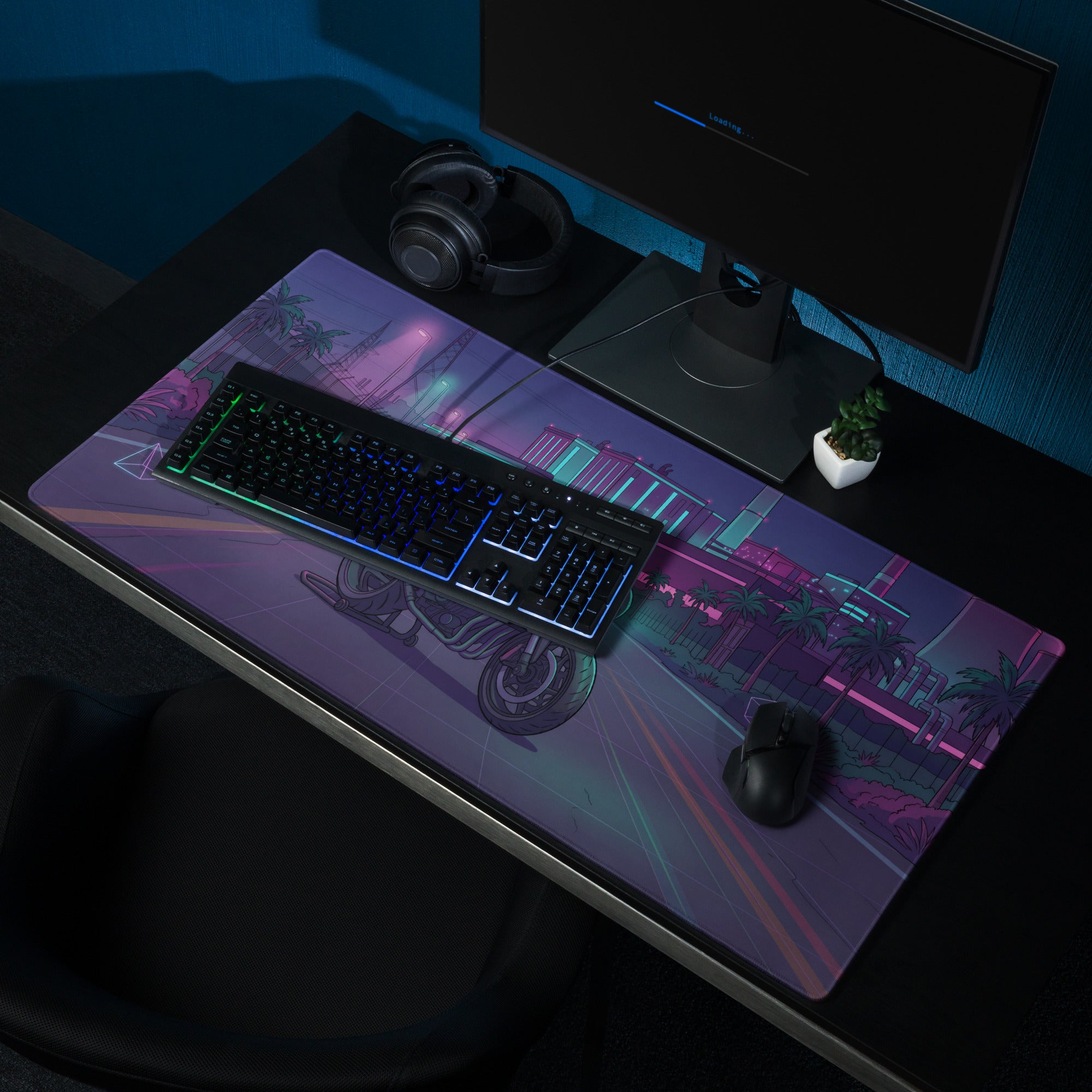 Honda CBX1000 Inspired Black Teal Vaporwave Gaming Mouse Pad – Neon Industrial City Desk Mat, Retro Futuristic Café Racer Motorcycle Digital Art