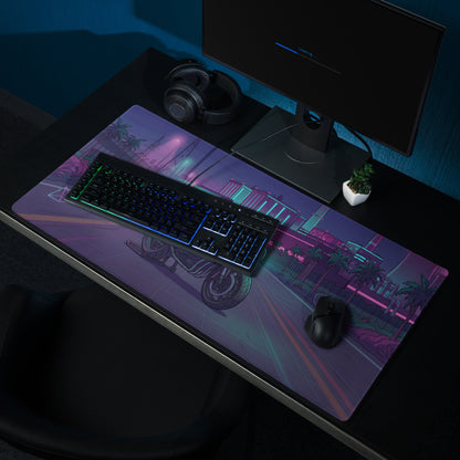 Honda CBX1000 Inspired Black Teal Vaporwave Gaming Mouse Pad – Neon Industrial City Desk Mat, Retro Futuristic Café Racer Motorcycle Digital Art