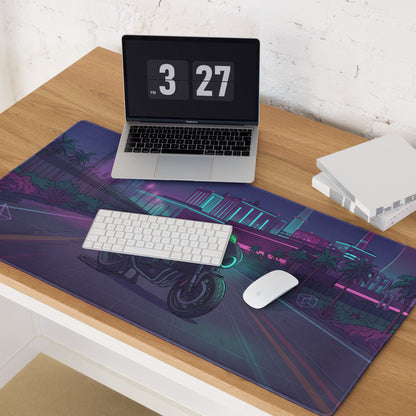 Honda CBX1000 Inspired Black Teal Vaporwave Gaming Mouse Pad – Neon Industrial City Desk Mat, Retro Futuristic Café Racer Motorcycle Digital Art