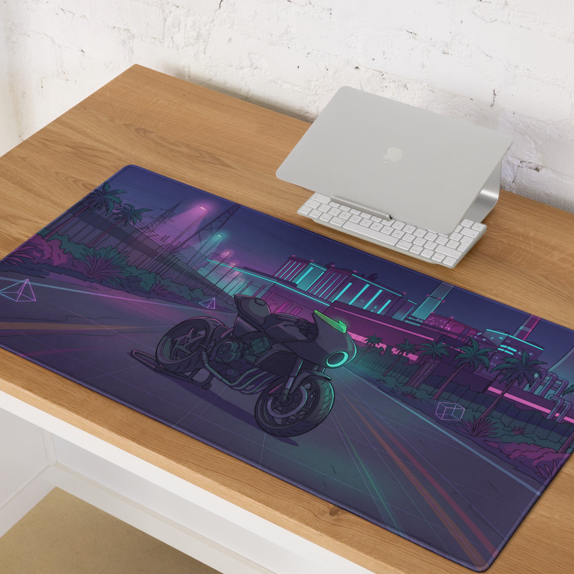 Honda CBX1000 Inspired Black Teal Vaporwave Gaming Mouse Pad – Neon Industrial City Desk Mat, Retro Futuristic Café Racer Motorcycle Digital Art