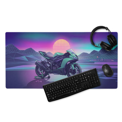 Kawasaki Ninja ZX-6R Inspired Mint Green Vaporwave Gaming Mouse Pad – Neon Sunset Racetrack Desk Mat, Retro Futuristic Sportbike Digital Art