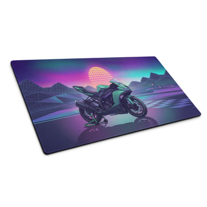 Kawasaki Ninja ZX-6R Inspired Mint Green Vaporwave Gaming Mouse Pad – Neon Sunset Racetrack Desk Mat, Retro Futuristic Sportbike Digital Art