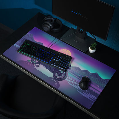 Kawasaki Ninja ZX-6R Inspired Mint Green Vaporwave Gaming Mouse Pad – Neon Sunset Racetrack Desk Mat, Retro Futuristic Sportbike Digital Art