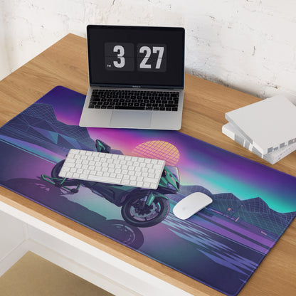 Kawasaki Ninja ZX-6R Inspired Mint Green Vaporwave Gaming Mouse Pad – Neon Sunset Racetrack Desk Mat, Retro Futuristic Sportbike Digital Art