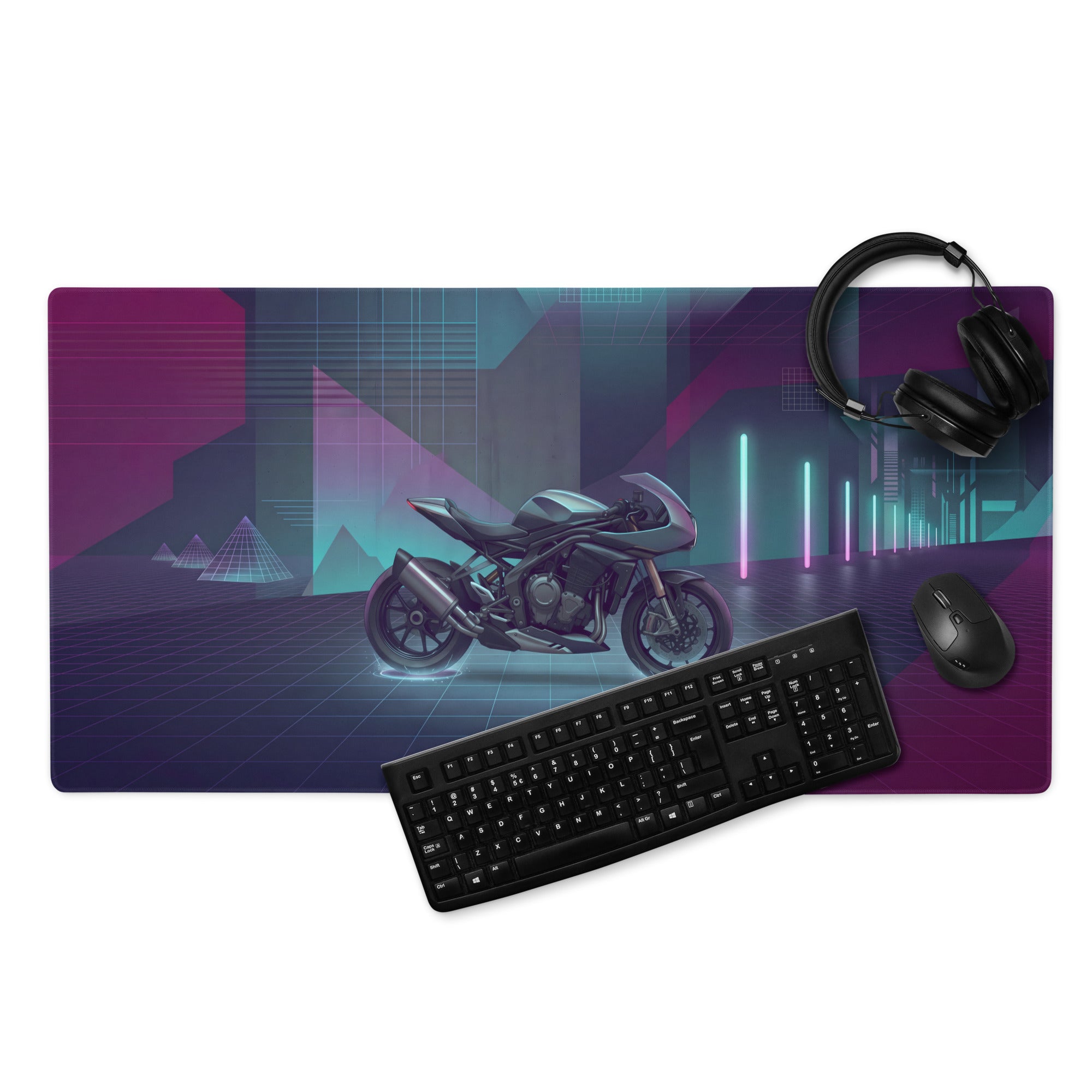 Triumph Speed Triple 1200 RR Inspired Silver Purple Vaporwave Gaming Mouse Pad – Neon Cyber City Desk Mat, Futuristic Synthwave Motorcycle Digital Art