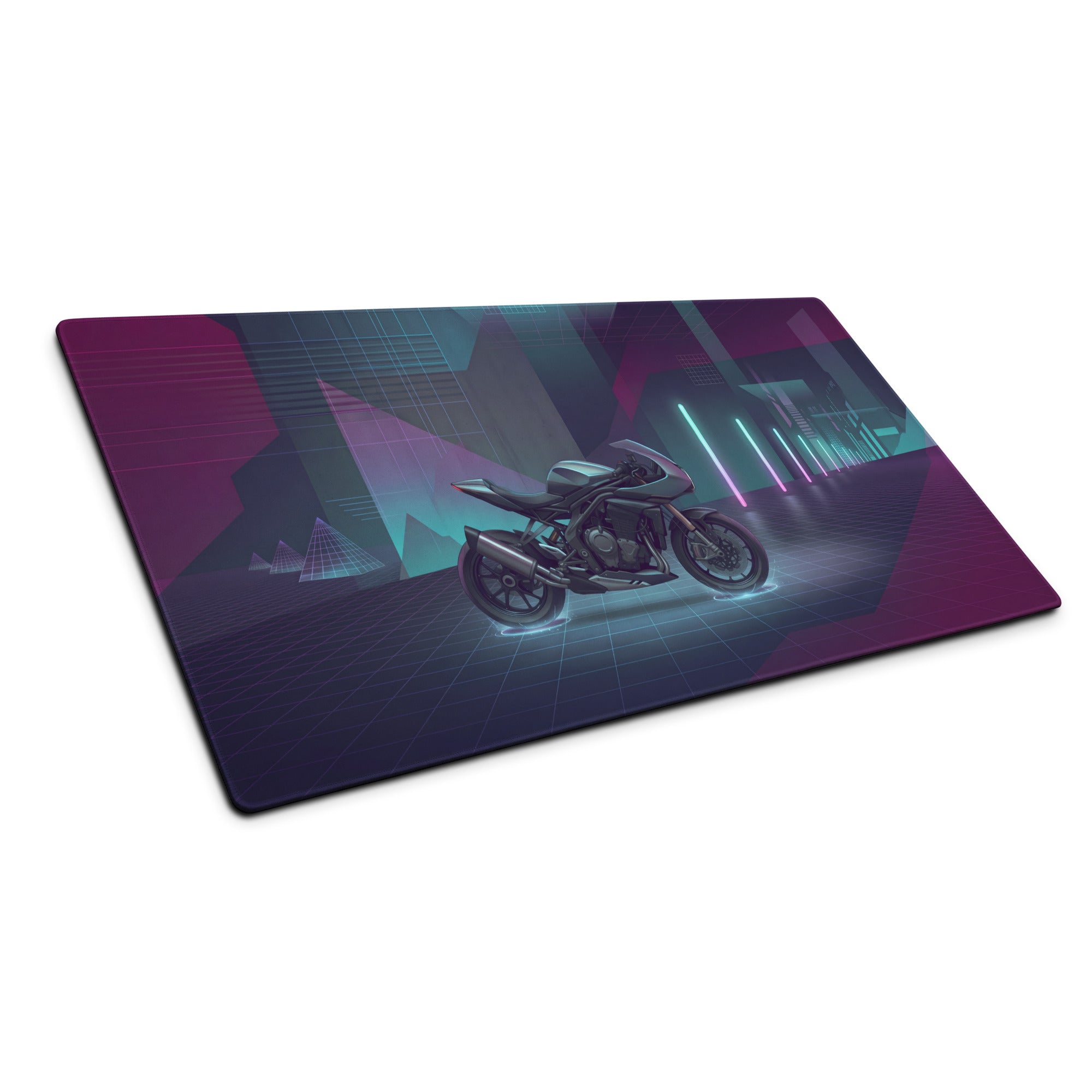 Triumph Speed Triple 1200 RR Inspired Silver Purple Vaporwave Gaming Mouse Pad – Neon Cyber City Desk Mat, Futuristic Synthwave Motorcycle Digital Art
