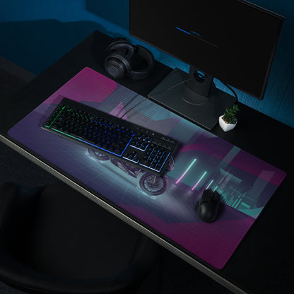 Triumph Speed Triple 1200 RR Inspired Silver Purple Vaporwave Gaming Mouse Pad – Neon Cyber City Desk Mat, Futuristic Synthwave Motorcycle Digital Art