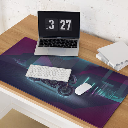 Triumph Speed Triple 1200 RR Inspired Silver Purple Vaporwave Gaming Mouse Pad – Neon Cyber City Desk Mat, Futuristic Synthwave Motorcycle Digital Art