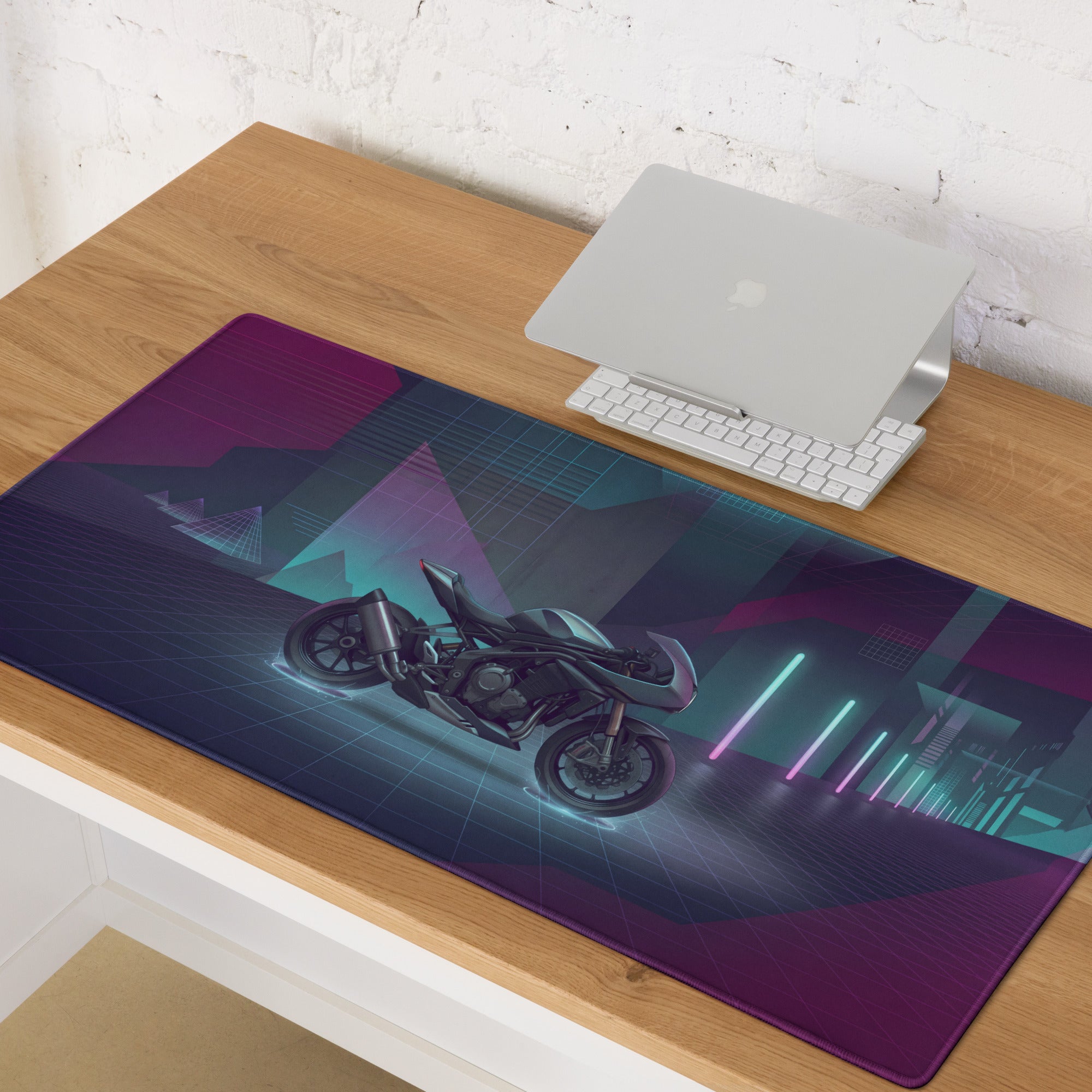 Triumph Speed Triple 1200 RR Inspired Silver Purple Vaporwave Gaming Mouse Pad – Neon Cyber City Desk Mat, Futuristic Synthwave Motorcycle Digital Art