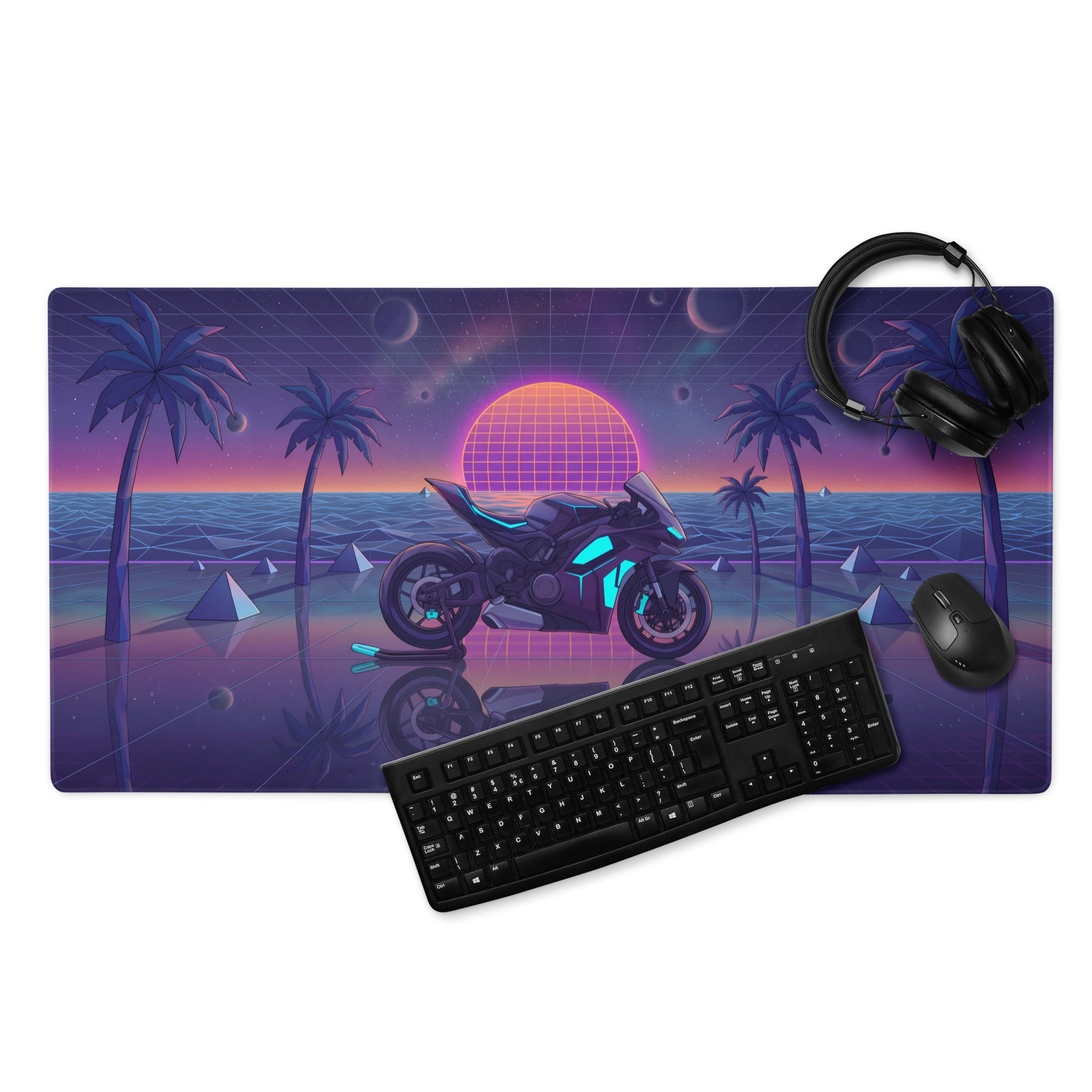 Ducati Panigale V4S Inspired Black Cyan Vaporwave Gaming Mouse Pad – Neon Cosmic Sunset Desk Mat, Retro Futuristic Synthwave Sportbike Digital Art