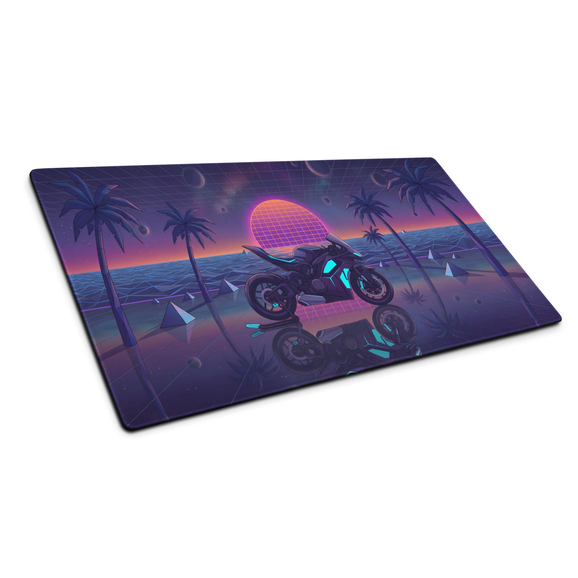 Ducati Panigale V4S Inspired Black Cyan Vaporwave Gaming Mouse Pad – Neon Cosmic Sunset Desk Mat, Retro Futuristic Synthwave Sportbike Digital Art