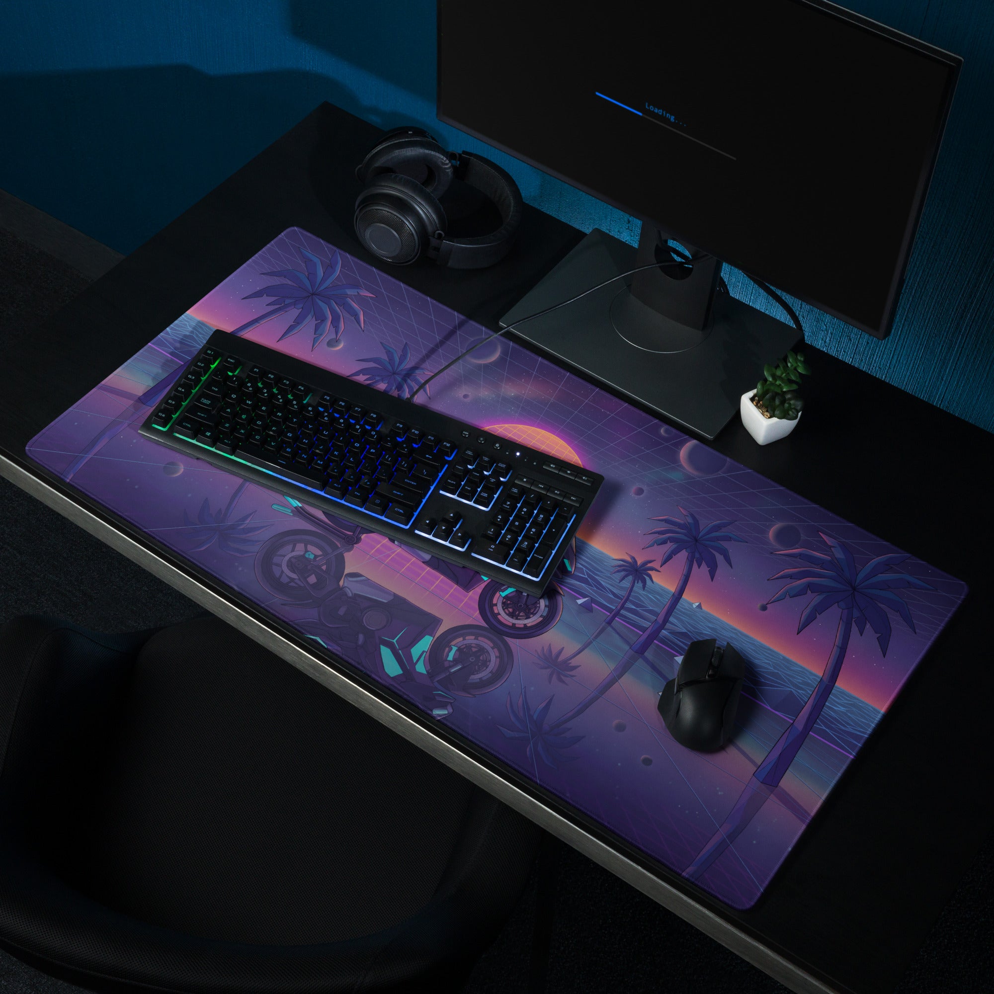 Ducati Panigale V4S Inspired Black Cyan Vaporwave Gaming Mouse Pad – Neon Cosmic Sunset Desk Mat, Retro Futuristic Synthwave Sportbike Digital Art
