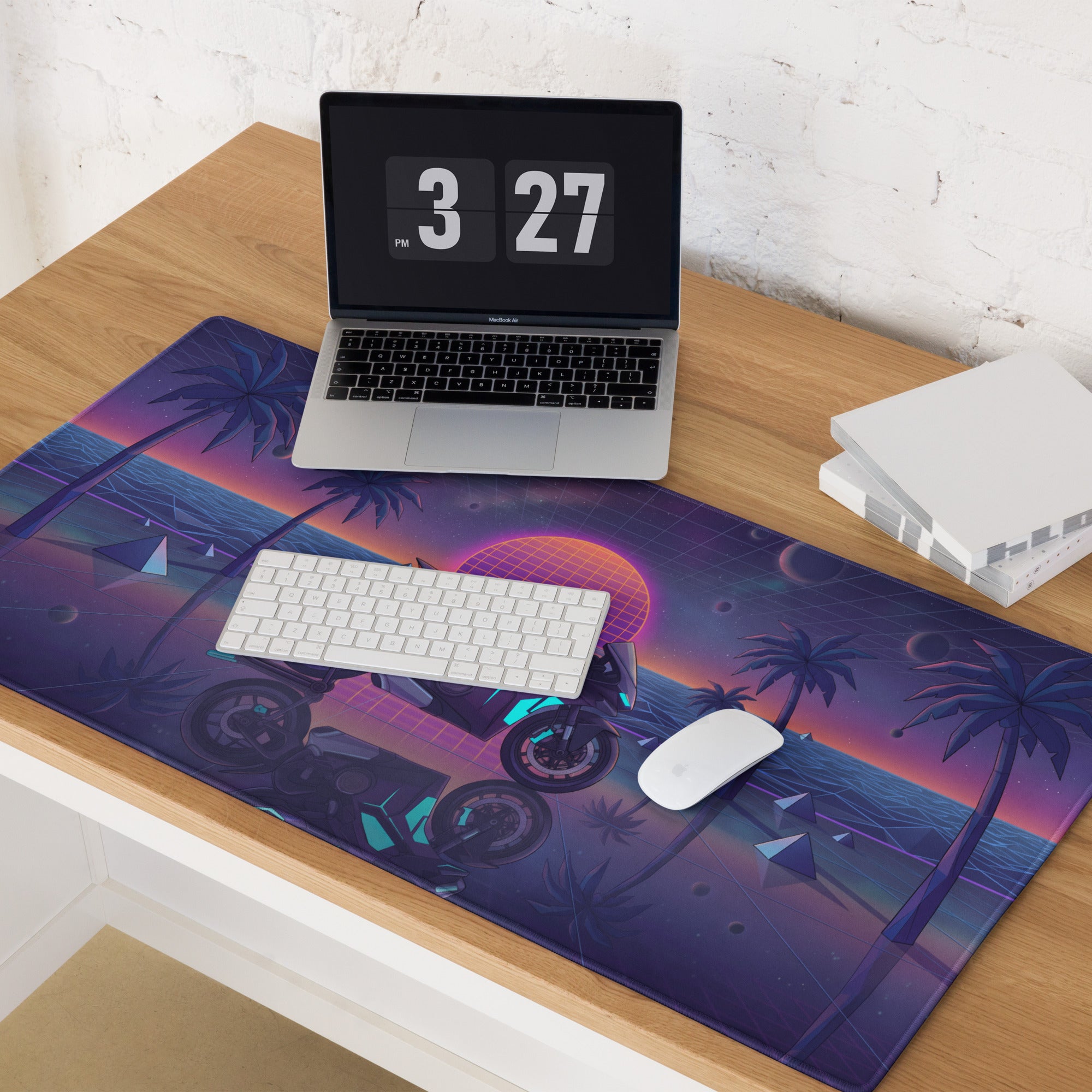 Ducati Panigale V4S Inspired Black Cyan Vaporwave Gaming Mouse Pad – Neon Cosmic Sunset Desk Mat, Retro Futuristic Synthwave Sportbike Digital Art