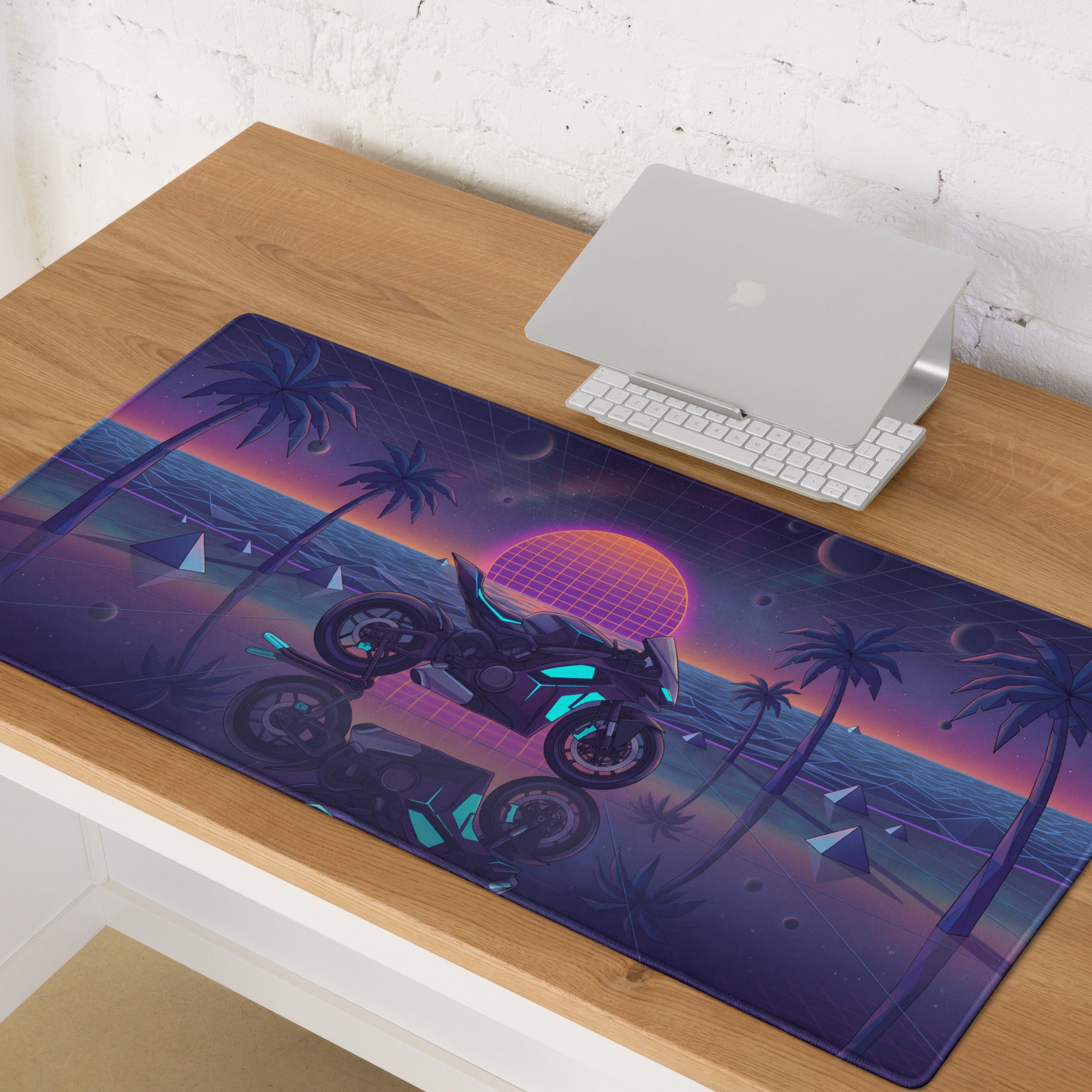 Ducati Panigale V4S Inspired Black Cyan Vaporwave Gaming Mouse Pad – Neon Cosmic Sunset Desk Mat, Retro Futuristic Synthwave Sportbike Digital Art