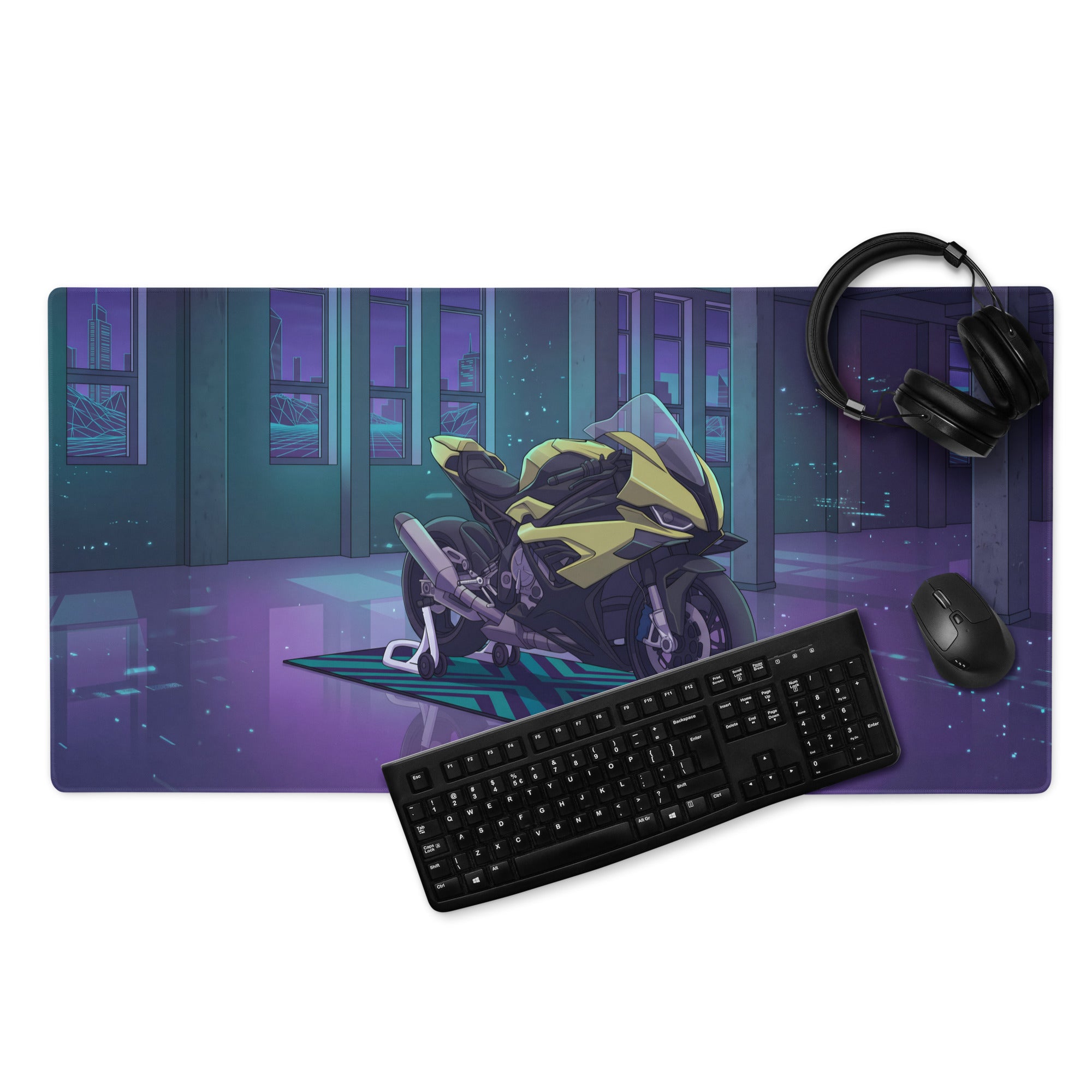 BMW S 1000 RR Inspired Yellow Purple Vaporwave Gaming Mouse Pad – Neon Cyber Garage Desk Mat, Retro Futuristic Synthwave Sportbike Digital Art